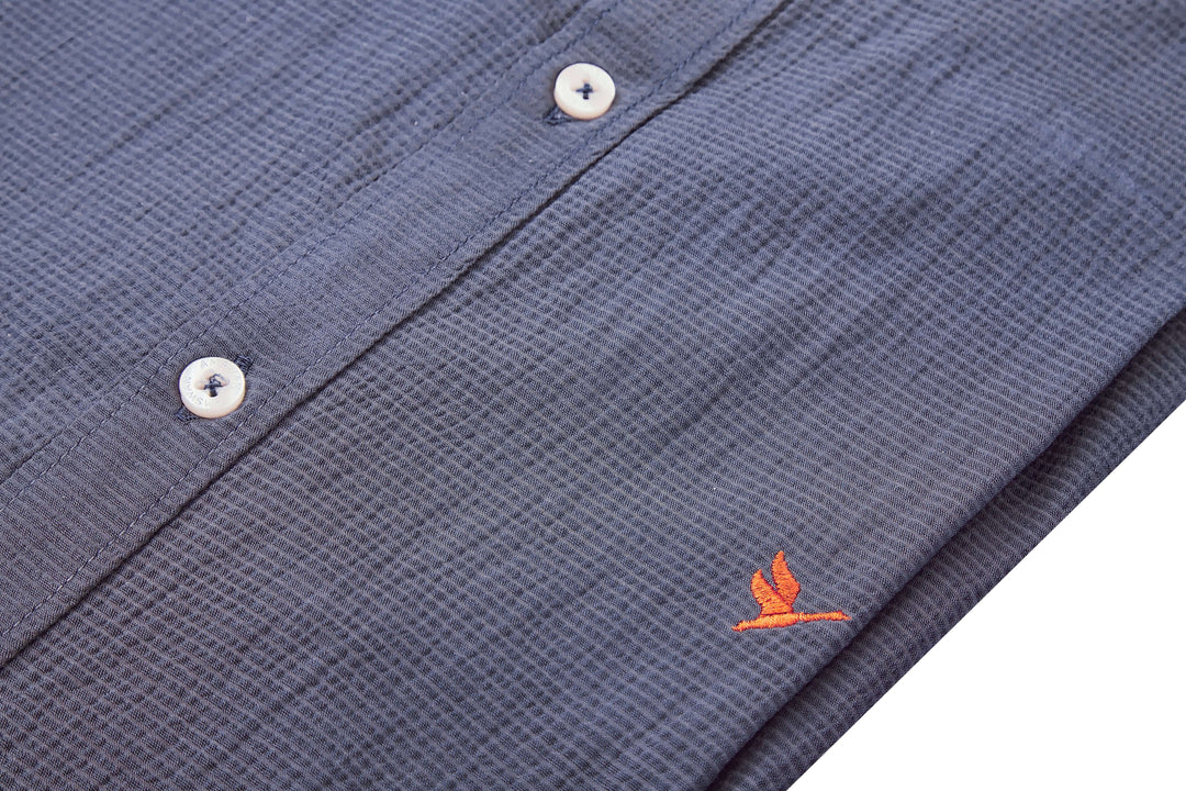 Amswan Premium Men'S Blue Crinkle Cotton Shirt - Mandarin Collar, Long Sleeves