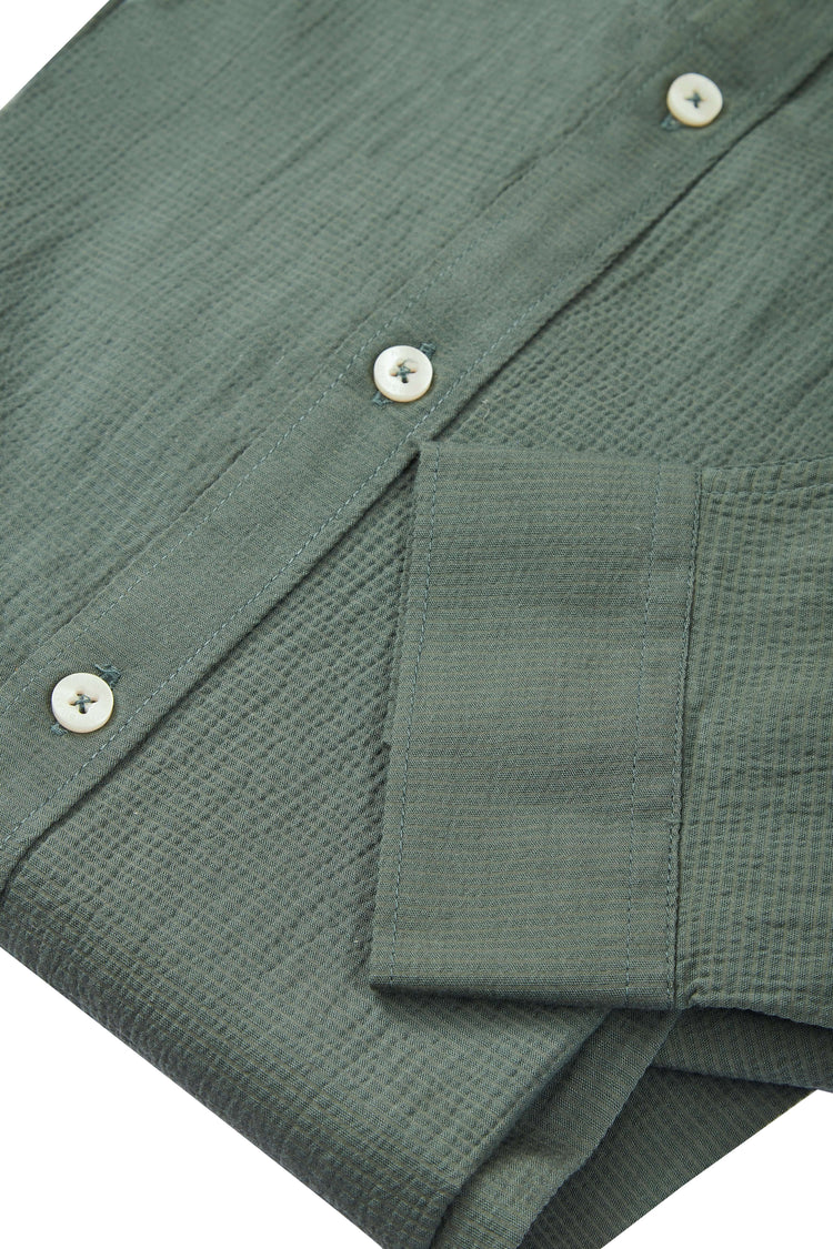 Amswan Premium Men'S Green Crinkle Cotton Shirt - Mandarin Collar, Long Sleeves