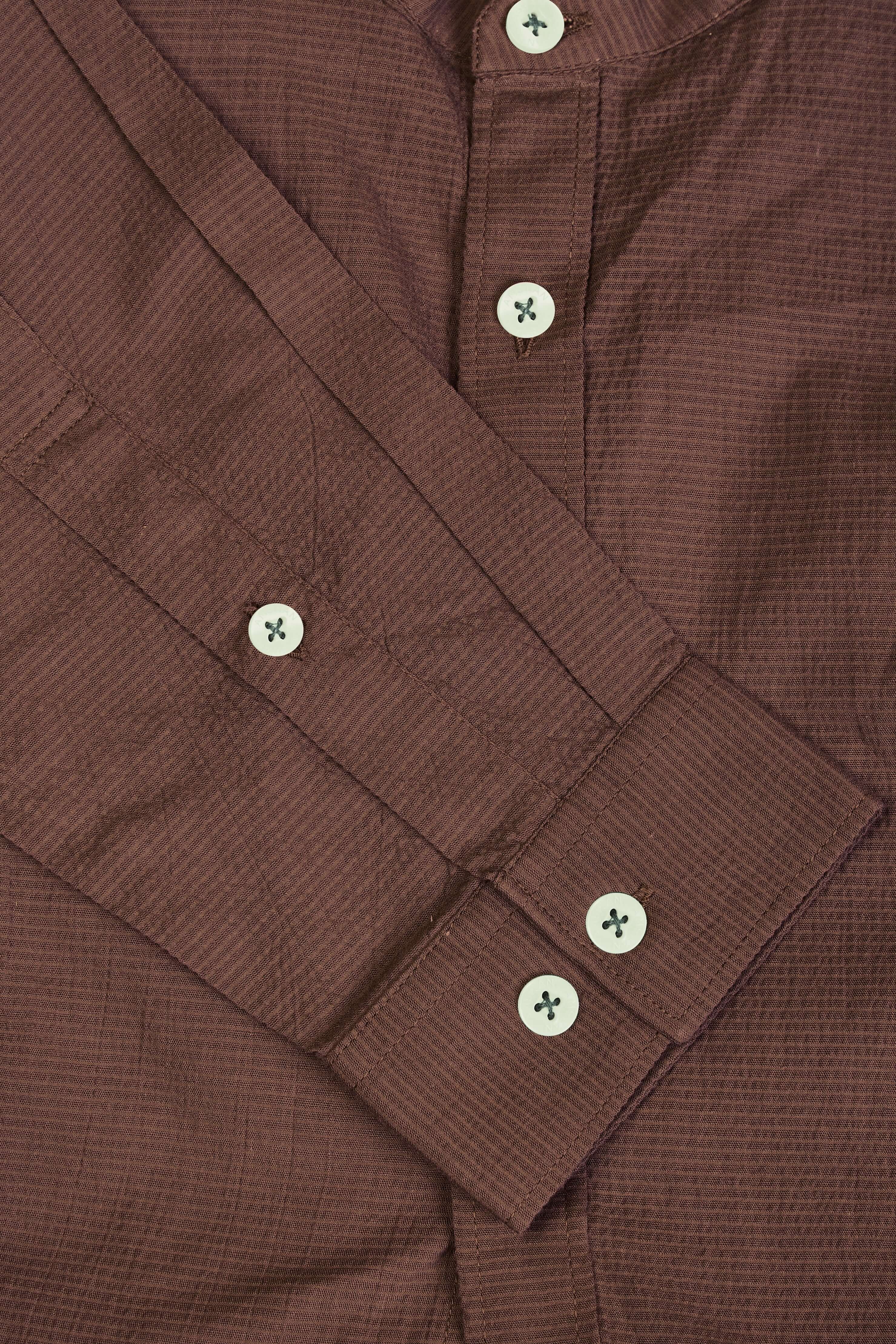 Premium Men'S Brown Crinkle Cotton Shirt - Mandarin Collar, Long Sleeves