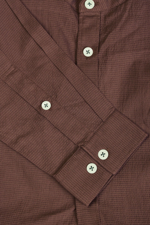 Premium Men'S Brown Crinkle Cotton Shirt - Mandarin Collar, Long Sleeves