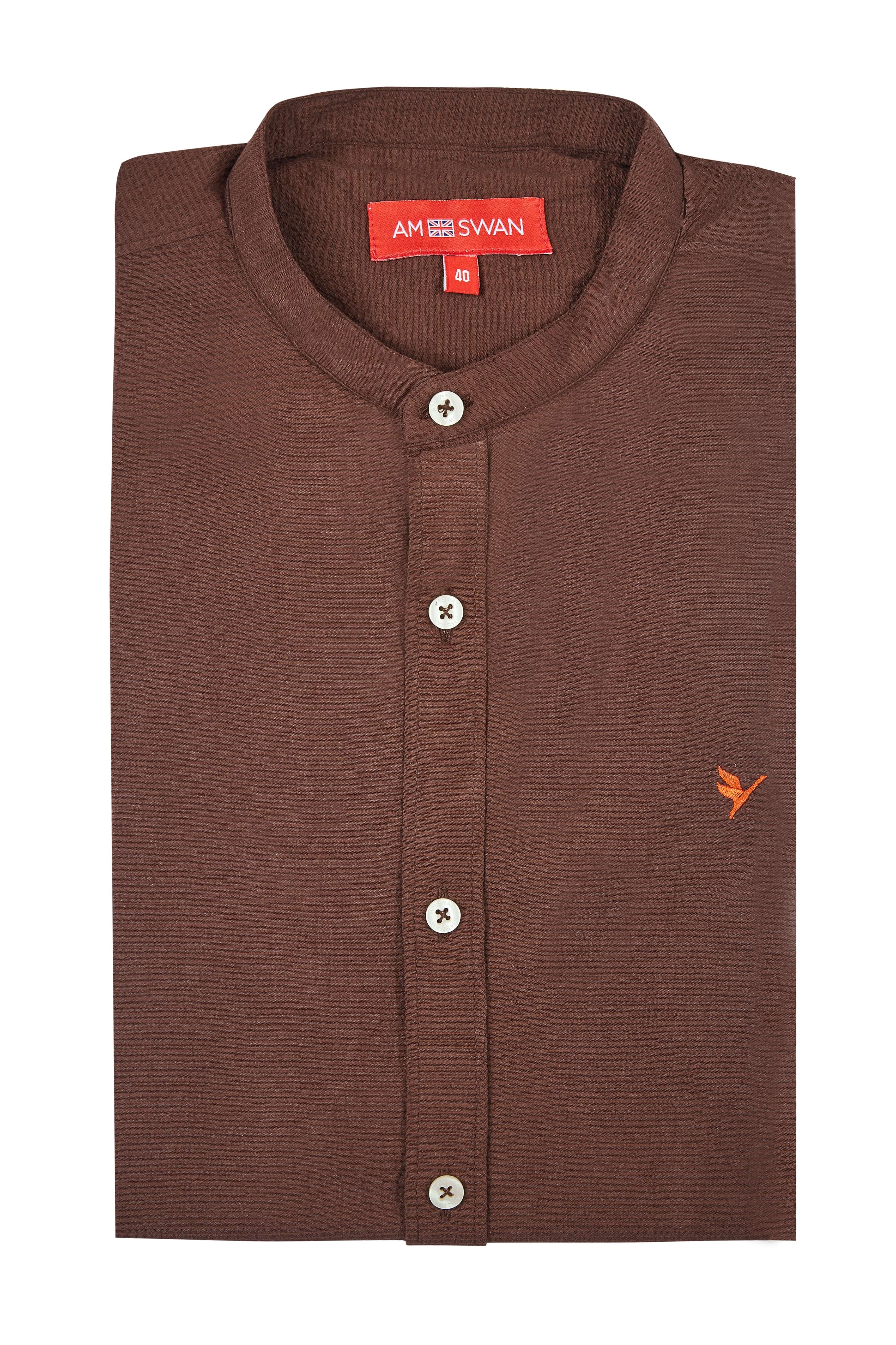 Premium Men'S Brown Crinkle Cotton Shirt - Mandarin Collar, Long Sleeves