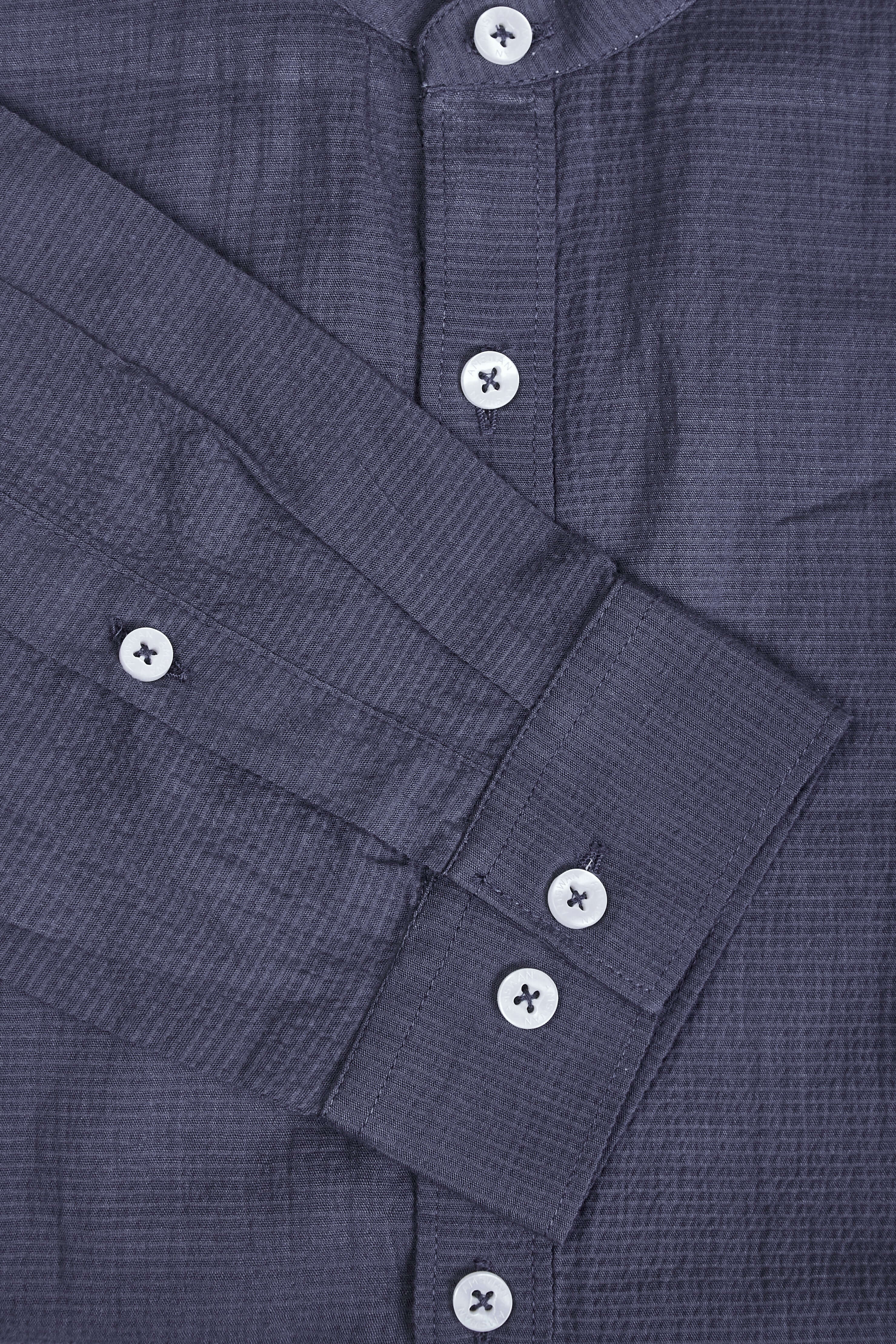 Amswan Premium Men'S Blue Crinkle Cotton Shirt - Mandarin Collar, Long Sleeves