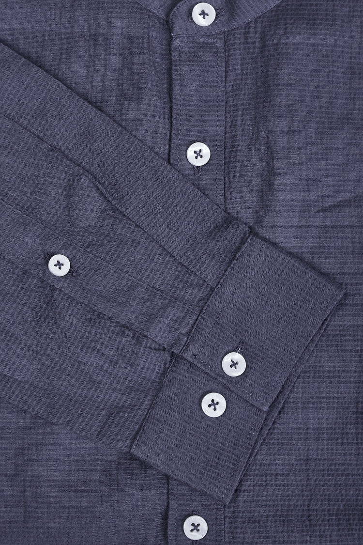 Amswan Premium Men'S Blue Crinkle Cotton Shirt - Mandarin Collar, Long Sleeves