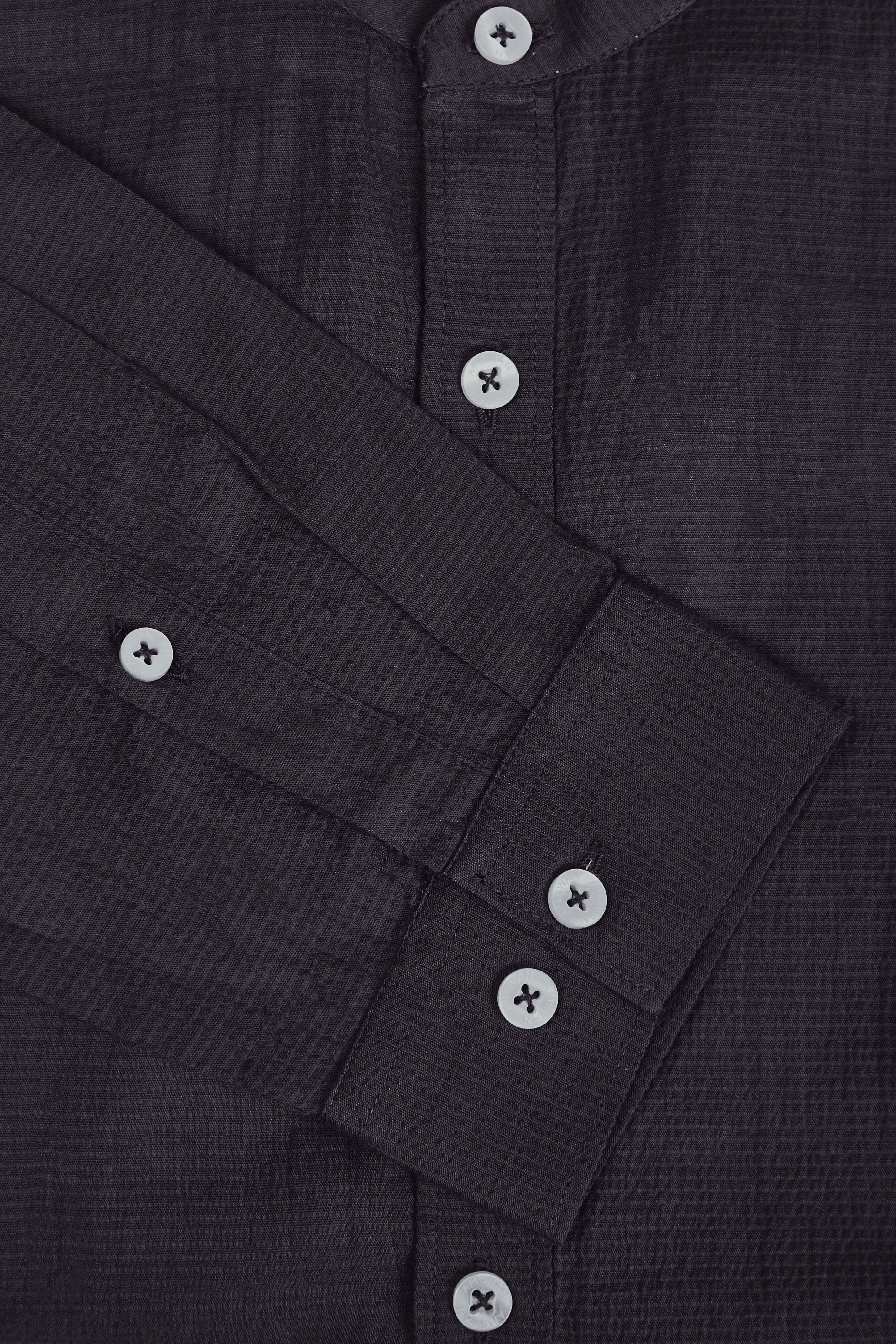 Amswan Premium Men'S Black Crinkle Cotton Shirt - Mandarin Collar, Long Sleeves