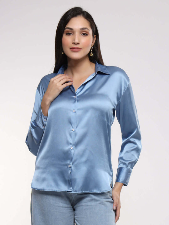 Women'S Premium Marble Blue Drop Shoulder Oversized Satin Shirt