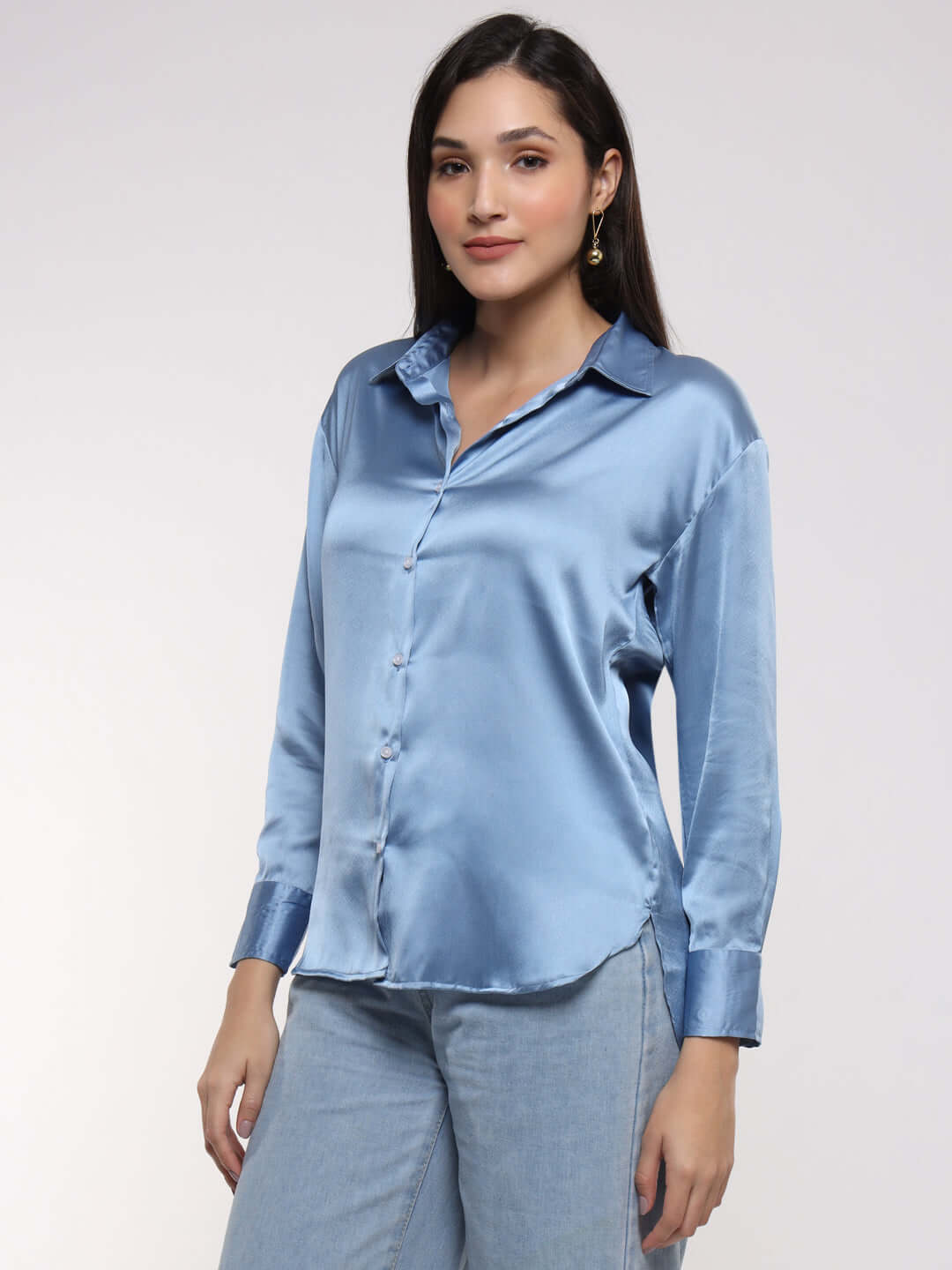 Women'S Premium Marble Blue Drop Shoulder Oversized Satin Shirt