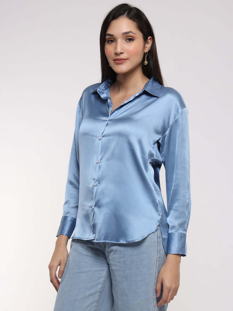 Women'S Premium Marble Blue Drop Shoulder Oversized Satin Shirt