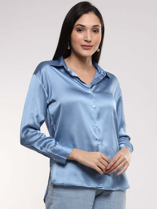 Women'S Premium Marble Blue Drop Shoulder Oversized Satin Shirt