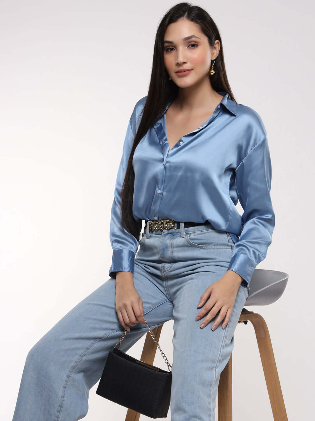 Women'S Premium Marble Blue Drop Shoulder Oversized Satin Shirt
