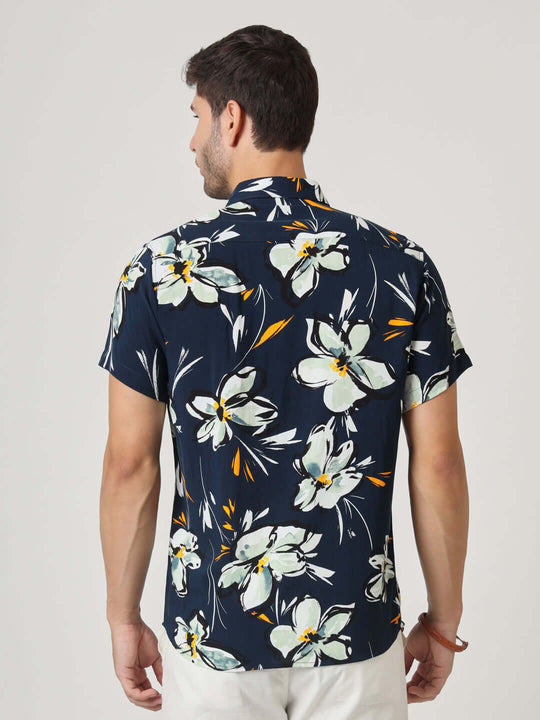 Navy, White And Green Floral Print Premium Rayon Shirt
