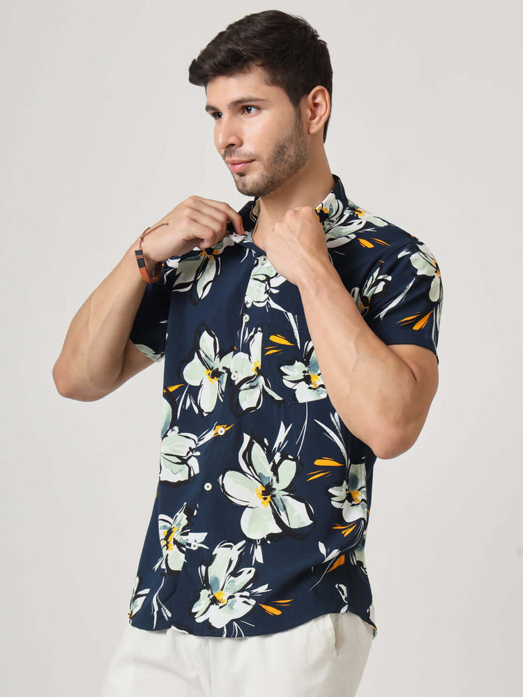 Navy, White And Green Floral Print Premium Rayon Shirt