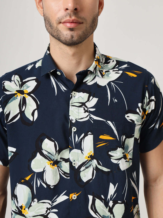 Navy, White And Green Floral Print Premium Rayon Shirt