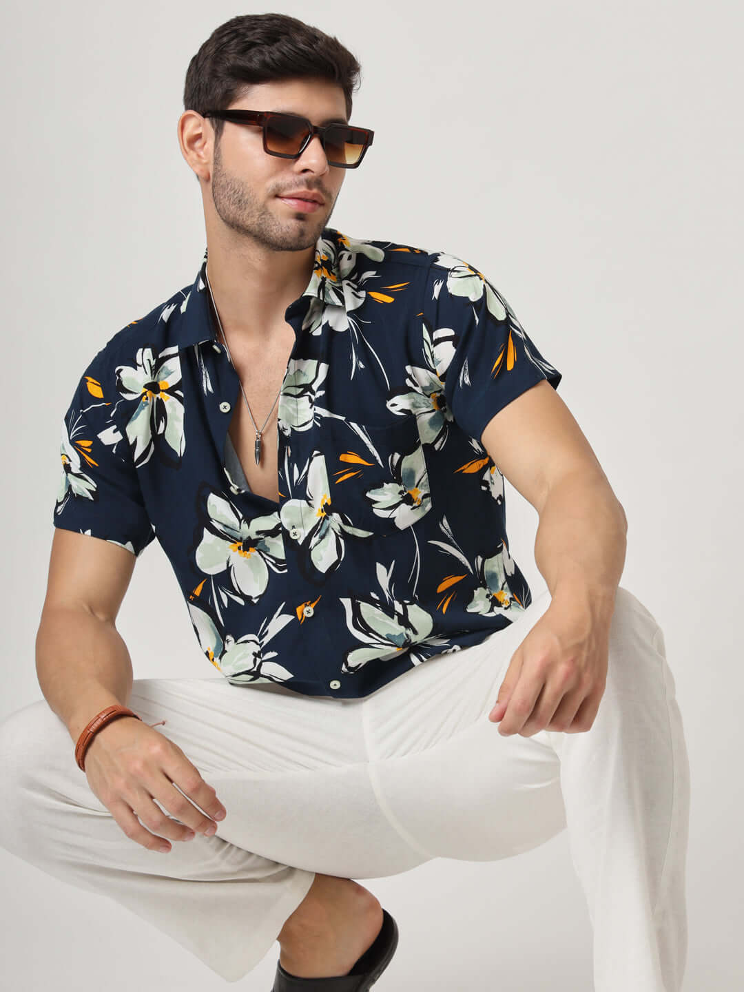 Navy, White And Green Floral Print Premium Rayon Shirt