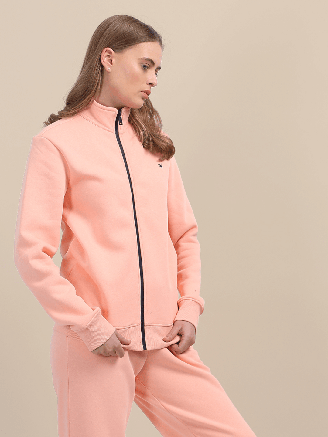 Amswan Premium Cotton Women'S Peach Zip-Up Sweatshirt