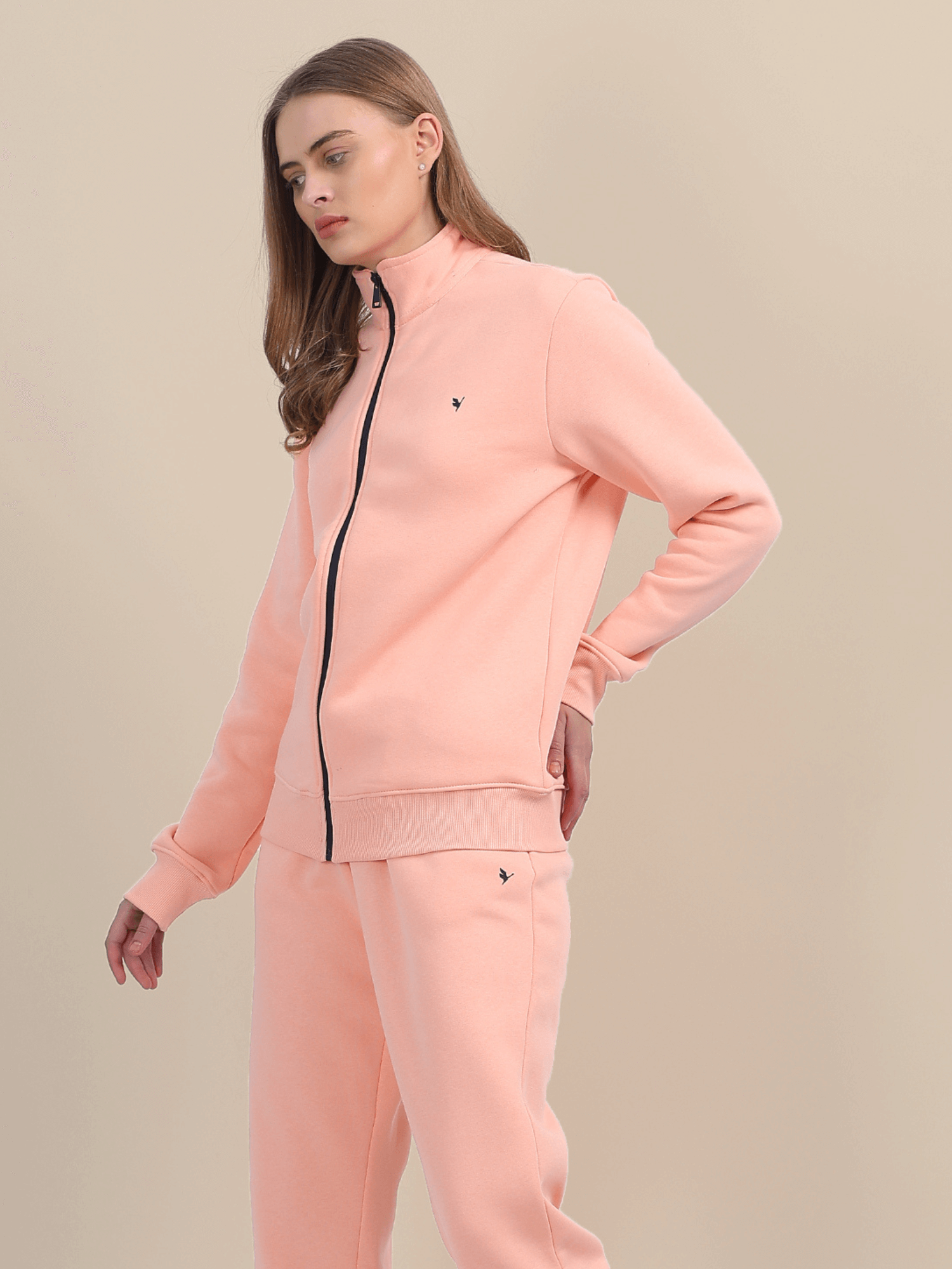 Amswan Premium Cotton Women'S Peach Zip-Up Sweatshirt