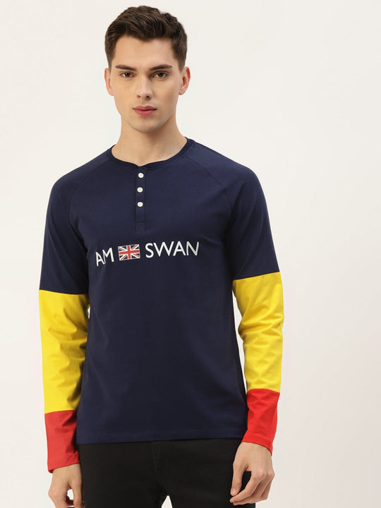 Mens Premium Cotton Lycra Colourblock Printed Full Sleeve Crew Neck T-Shirts