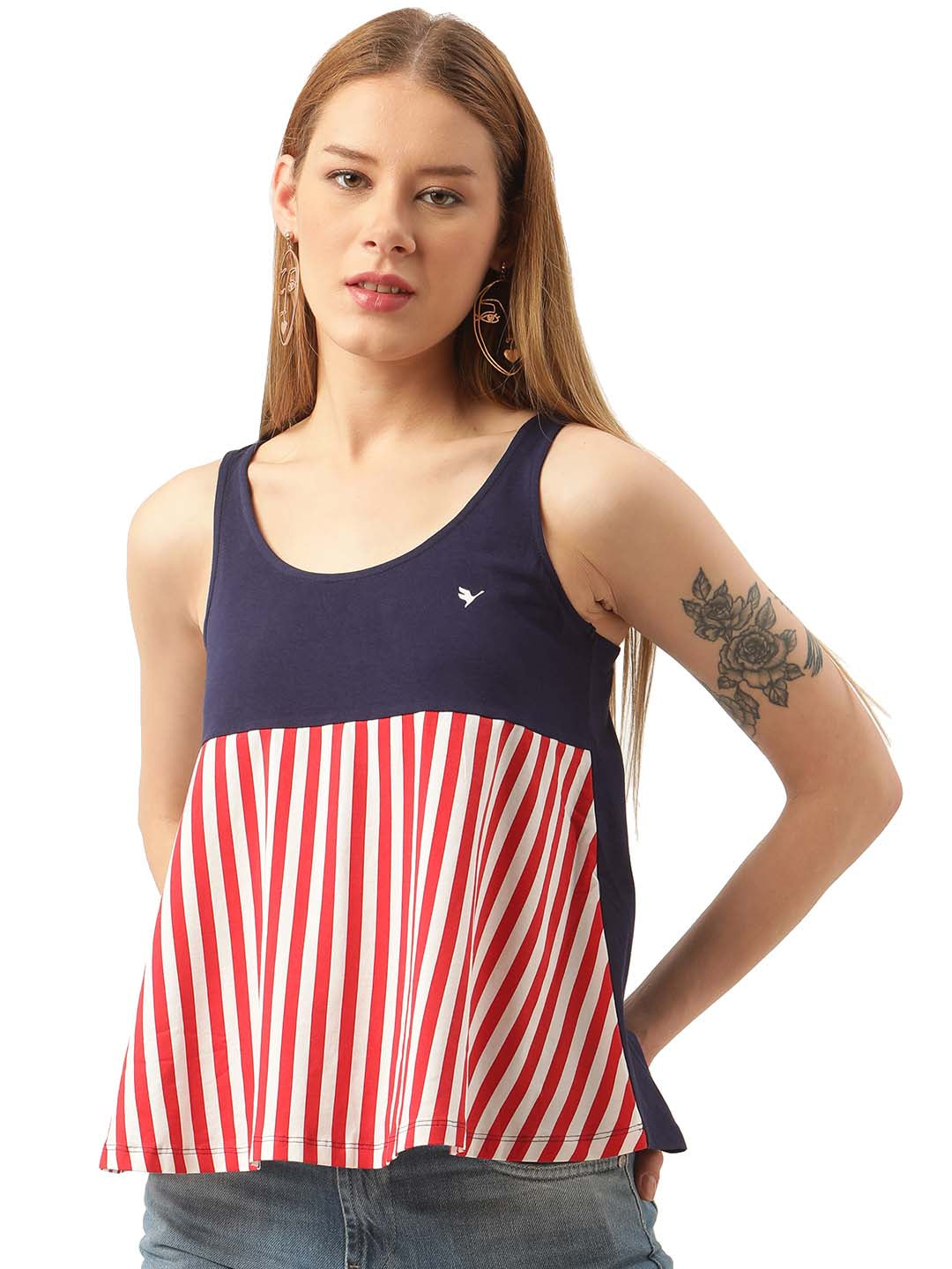 Womens Premium Cotton Lycra Smart Fit Sleeveless Straight Sptripe Top