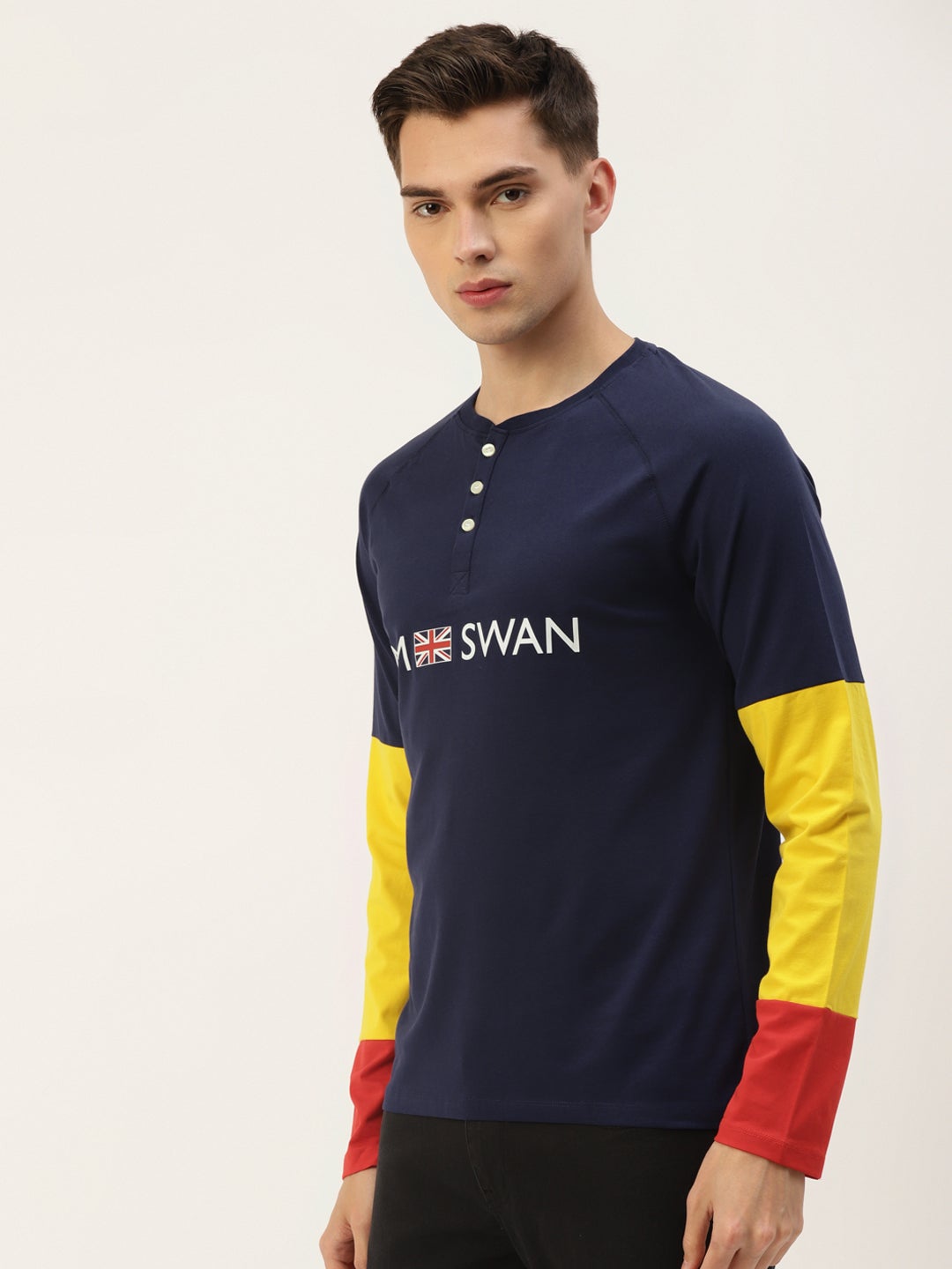 Mens Premium Cotton Lycra Colourblock Printed Full Sleeve Crew Neck T-Shirts