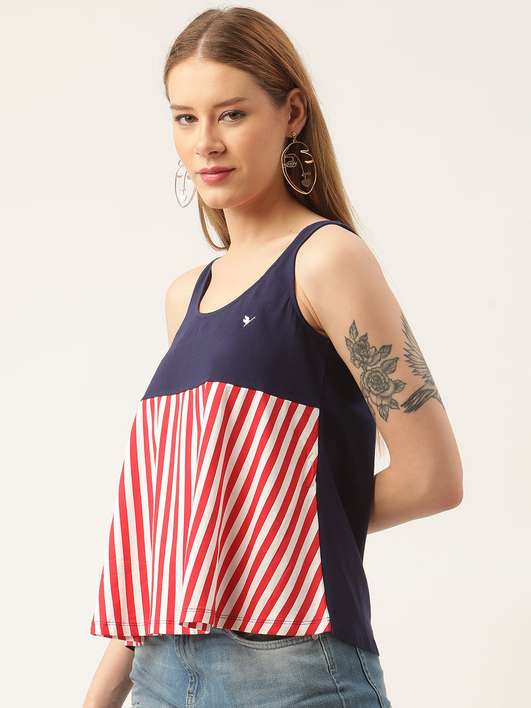 Womens Premium Cotton Lycra Smart Fit Sleeveless Straight Sptripe Top